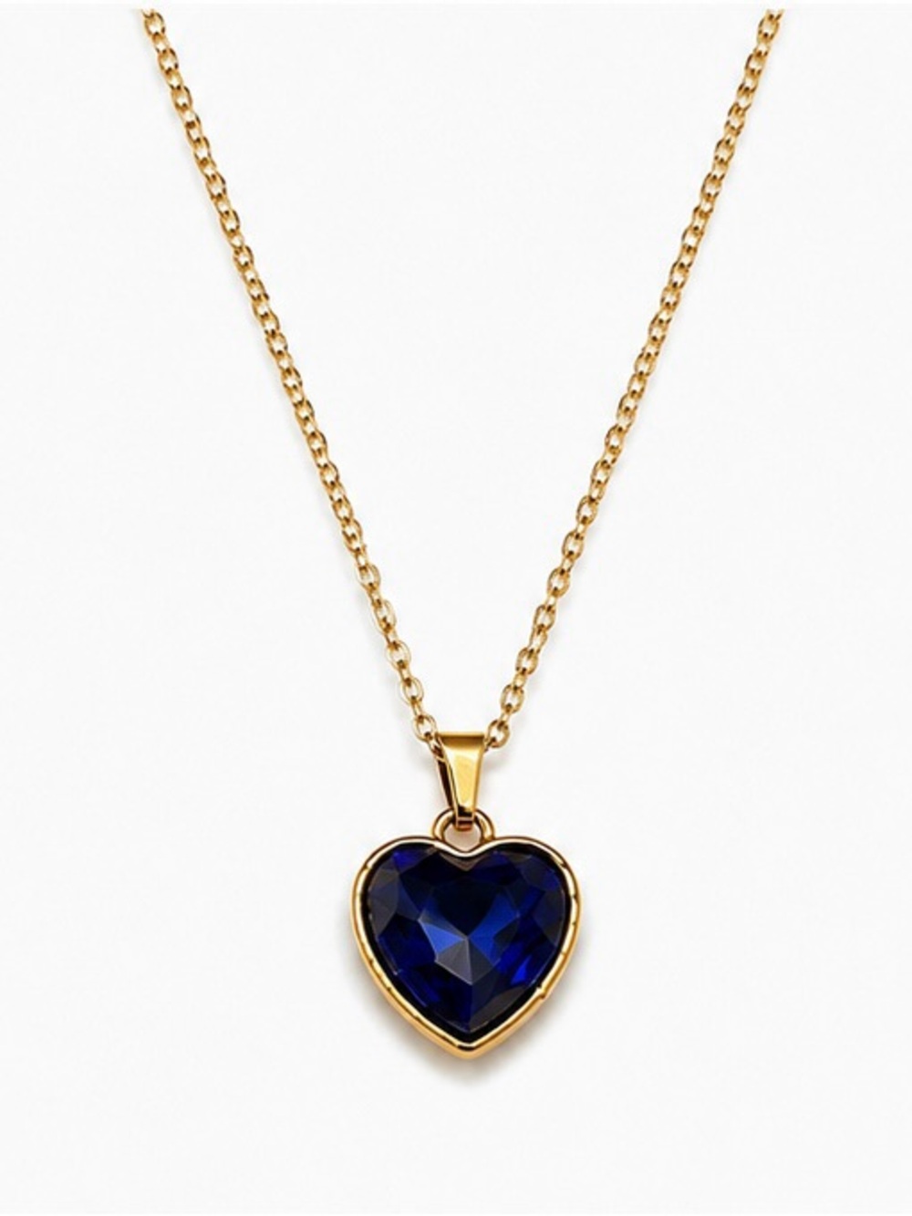 Gold Heart Pendant Necklace with Deep Blue Crystal